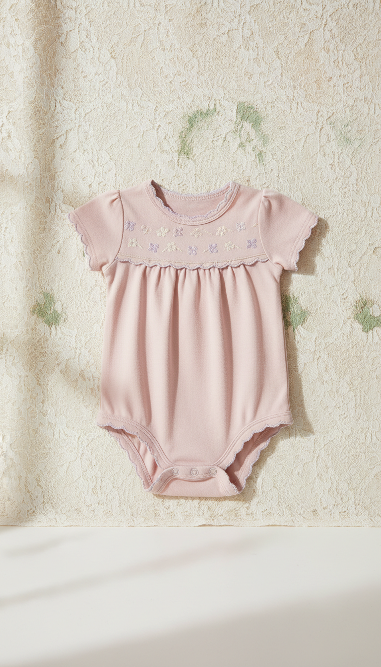 Blush Cotton Onesie with Scalloped Edges